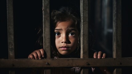 A child looking out of a barred window, symbolizing the impact of incarceration on families. - obrazy, fototapety, plakaty