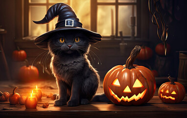 A cute cat wearing a witch hat and sitting on a broomstick, with a pumpkin and a cauldron in the background