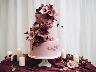 wedding cake with flowers, burgundy theme, candles around, on a table