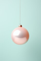 Chrome pastel pink Christmas tree ornament on a pastel green background, shinny, 