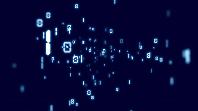 On dark blue background glowing binary computer code particles fly forward