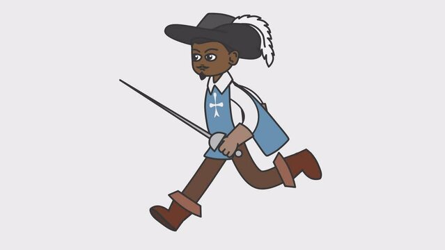 Black male musketeer runs holding epee in his hand. Looped 4K video with alpha-channel.