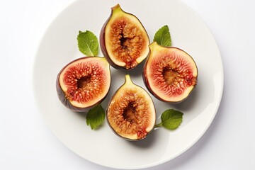 top view of beautiful appetizing figs on a white plate on a white background