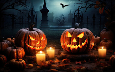 Halloween pumpkins and candles near graves. Halloween pumpkin head jack lantern with burning candles. Ai Generative