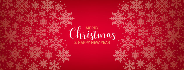 Christmas banner with "Merry Christmas and Happy New Year" inscription. Red banner decorated with snowflakes.