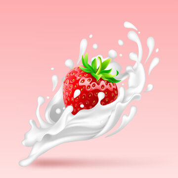 Strawberry in milk splash with drops. Fresh red ripe mellow berry on pink background. Realistic 3d isolated vector illustration
