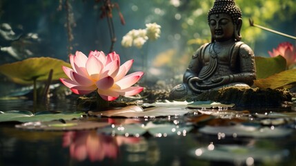A close-up of a lotus pond with a reflection of a Buddha sculpture.