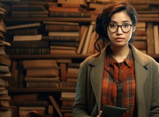 Asian Female Librarian Employee Attractive Backdrop Generative AI