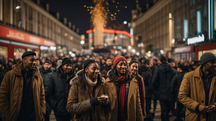 People walking on the street at night, spirit of Londoners as they come together to celebrate the new year. - obrazy, fototapety, plakaty