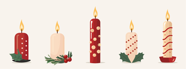 Set of traditional Christmas candles in red and beige color