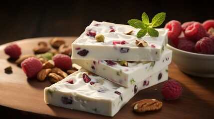 Fototapeta na wymiar Delicious dessert yogurt bark on a wooden board