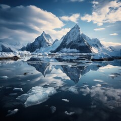 Snowy mountains reflected in calm water around ice floe