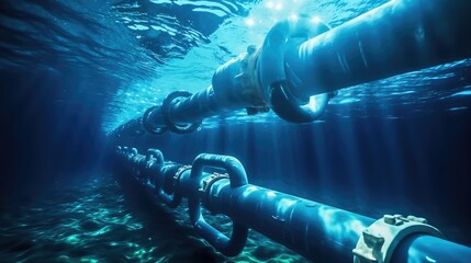 Oil pipeline underwater, Underwater pipeline for gas or oil transport. - obrazy, fototapety, plakaty