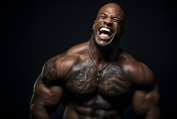 Fototapeta na wymiar Shirtless tattoed black bodybuilder flexing his muscles and laughing on a black background