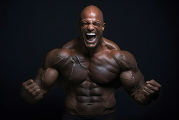 Fototapeta na wymiar Shirtless black bodybuilder flexing his muscles on a black background
