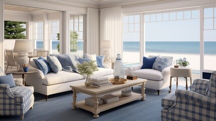 A coastal-inspired living room with nautical decor, a color palette of blues and whites, and panoramic views of the ocean through large windows.
