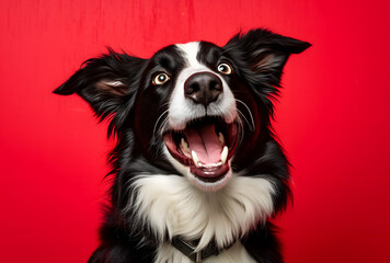 Happy smiling Border Collie on a red background
