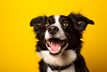 Happy smiling Border Collie on a yellow background