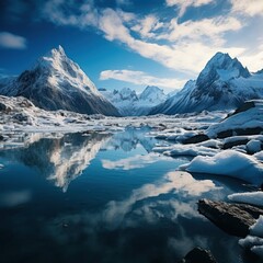 Snowy mountains reflected in calm water around ice floe
