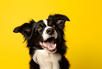 Happy smiling Border Collie on a yellow background