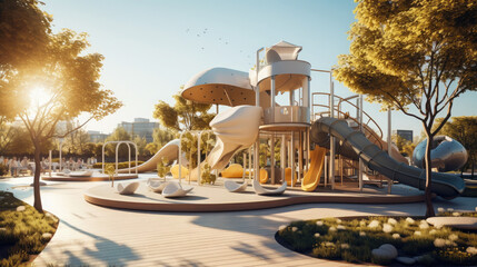 modern playground, fantastic urban design, childhood, place to walk with children, park, outdoor games, architecture, attractions, slides, play area, tunnel, kids house, windows, stairs, light, fun - obrazy, fototapety, plakaty