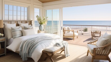 Fototapeta na wymiar A coastal-themed bedroom with nautical accents and a breathtaking ocean view.