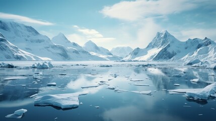 Fototapeta na wymiar Snowy mountains reflected in calm water around ice floe