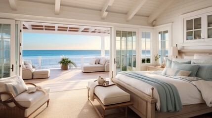 A coastal-themed bedroom with nautical accents and a breathtaking ocean view.