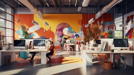 A collaborative workspace with standing desks and a vibrant, energetic atmosphere.