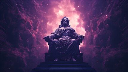 God Statue in Space God in Galaxy Atmosphere Stone Statue of God in Universe Old God in purple Space God in Heaven Sculpture of God - obrazy, fototapety, plakaty