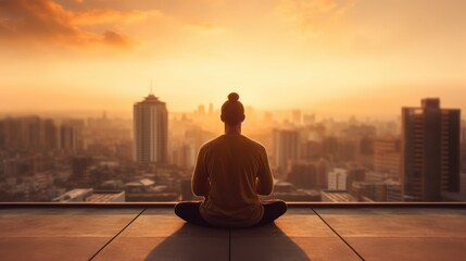 Man practicing yoga towards the view overlooking a crowded cityscape
