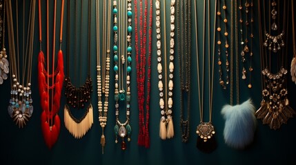 A collection of necklaces hanging against a velvet backdrop.
