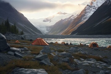 a serene campsite amidst glacial mystique. Generative AI