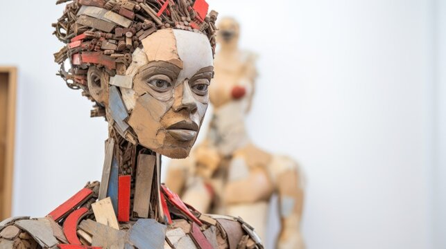 An art gallery exhibits a sculpture made from recycled materials