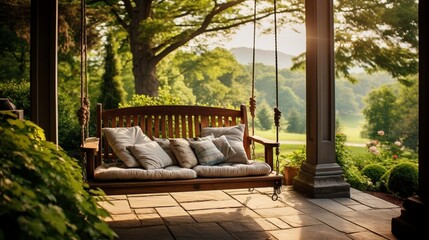 A comfortable porch swing overlooking a scenic backyard.