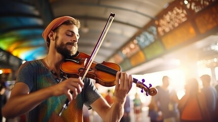 Man playing violin on a crowded street