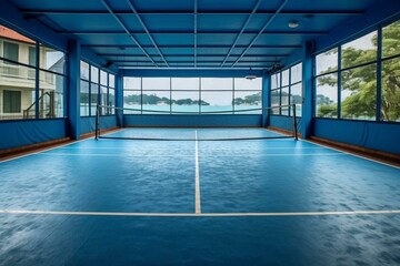 Blue paddle tennis court with net. Generative AI - obrazy, fototapety, plakaty