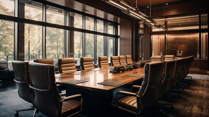 Fototapeta na wymiar A conference room with a long wooden table and leather chairs under soft, diffused lighting.
