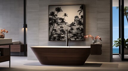 A contemporary bathroom with a freestanding bathtub and mosaic tile accents.