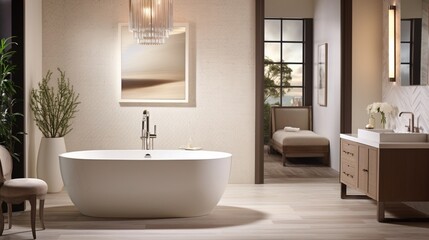 Fototapeta na wymiar A contemporary bathroom with a freestanding bathtub and mosaic tile accents.