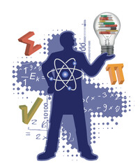 Teacher of Maths and Physics.
Mathematics and physics teacher stylized silhouette with mathematics and physics symbols and light bulb with books. Vector available.