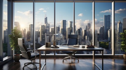 Fototapeta na wymiar A corner office with floor-to-ceiling windows offering a stunning cityscape view.