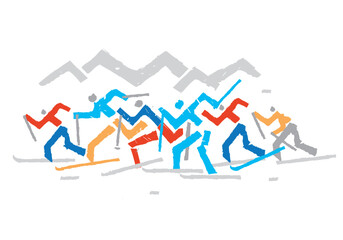 Cross Country Skiers, competition.
A expressive drawing of group of cross-country ski competitors. Vector available.