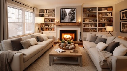 A cozy and inviting family room with a large sectional sofa, a fireplace, and shelves filled with family photos and mementos.