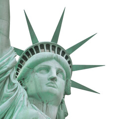 Statue of Liberty close-up on a transparent and white background. Portrait. PNG.