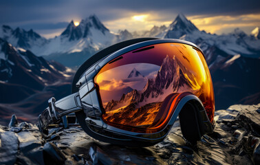 a mountain side reflected in ski goggles, winter sports,