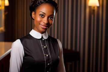 A beautiful maid with an African appearance on the background of a hotel room.