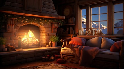 A cozy fireplace with a plush hearth seat.