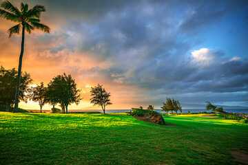 Beautiful sunset on golf course with green grass field and palm tree, island Hawaii, Maui