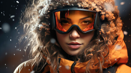 skier in the snow wearing ski googles orange, close-up portrait - obrazy, fototapety, plakaty